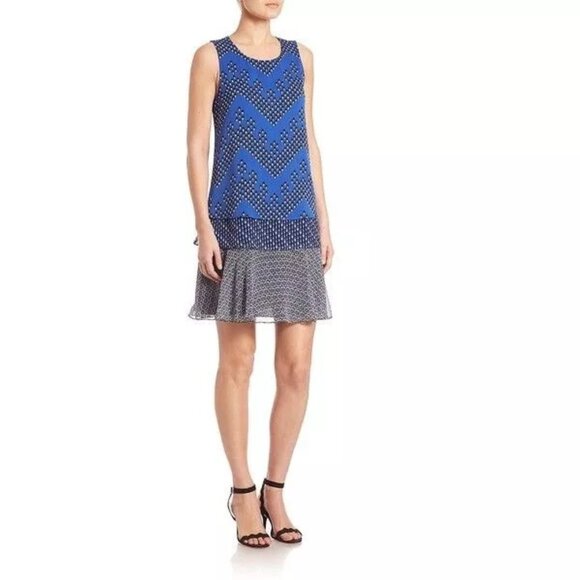 Diane Von Furstenberg Liza Geometric Cocktail Dress Layered Silk Crepe Ruffle - Picture 2 of 15